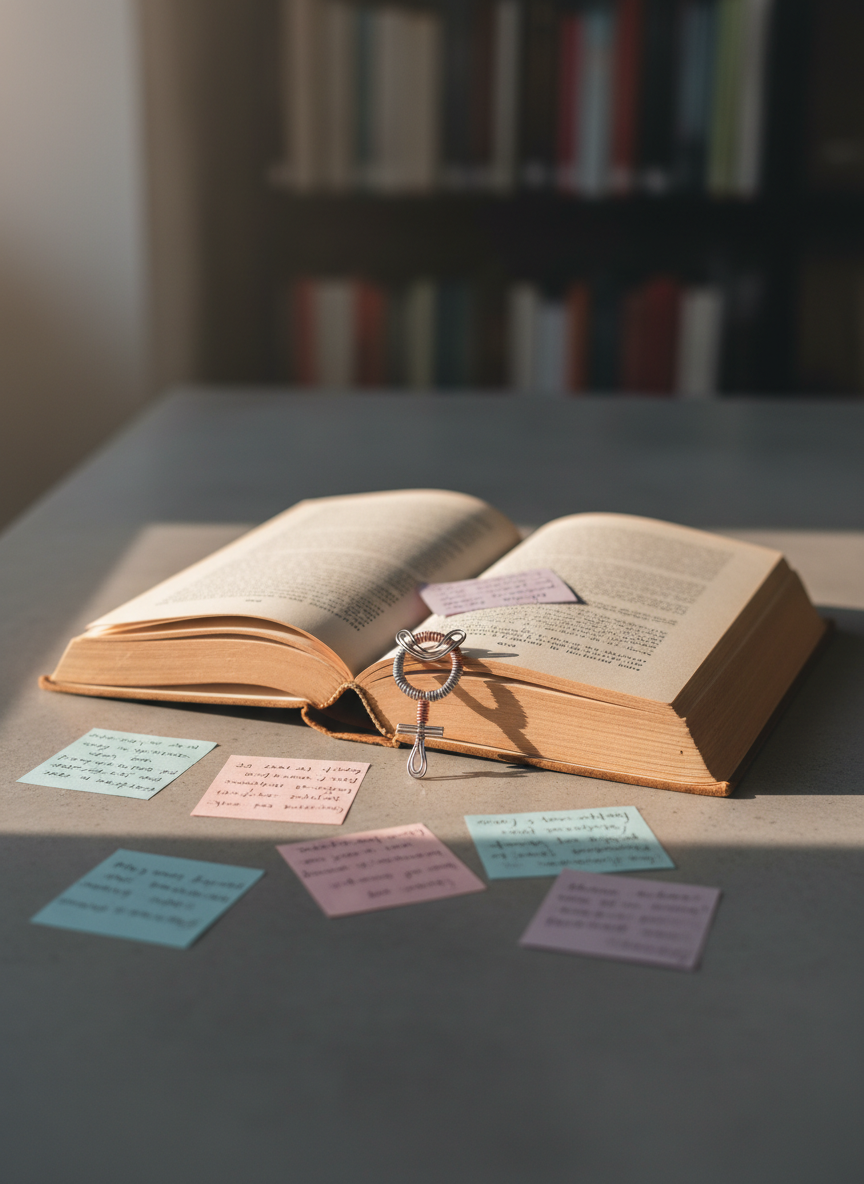 A single, well-worn paperback with slightly curled corners and cream-colored pages, opened flat on a smooth concrete surface. A fine-line metallic bookmark in silver and rose-gold forms an abstract, almost hidden trans symbol near the spine. Around the book are minimalist sticky notes in desaturated blues and pinks, each with tiny, illegible handwriting. Soft late-afternoon window light falls from the left, tracing a subtle gradient across the pages and casting elongated, delicate shadows. The background fades into a gentle bokeh of muted bookshelf shapes. Shot from a slightly elevated angle using the rule of thirds, the scene feels introspective, refined, and quietly political, perfect for illustrating in-depth, nuanced literary commentary.