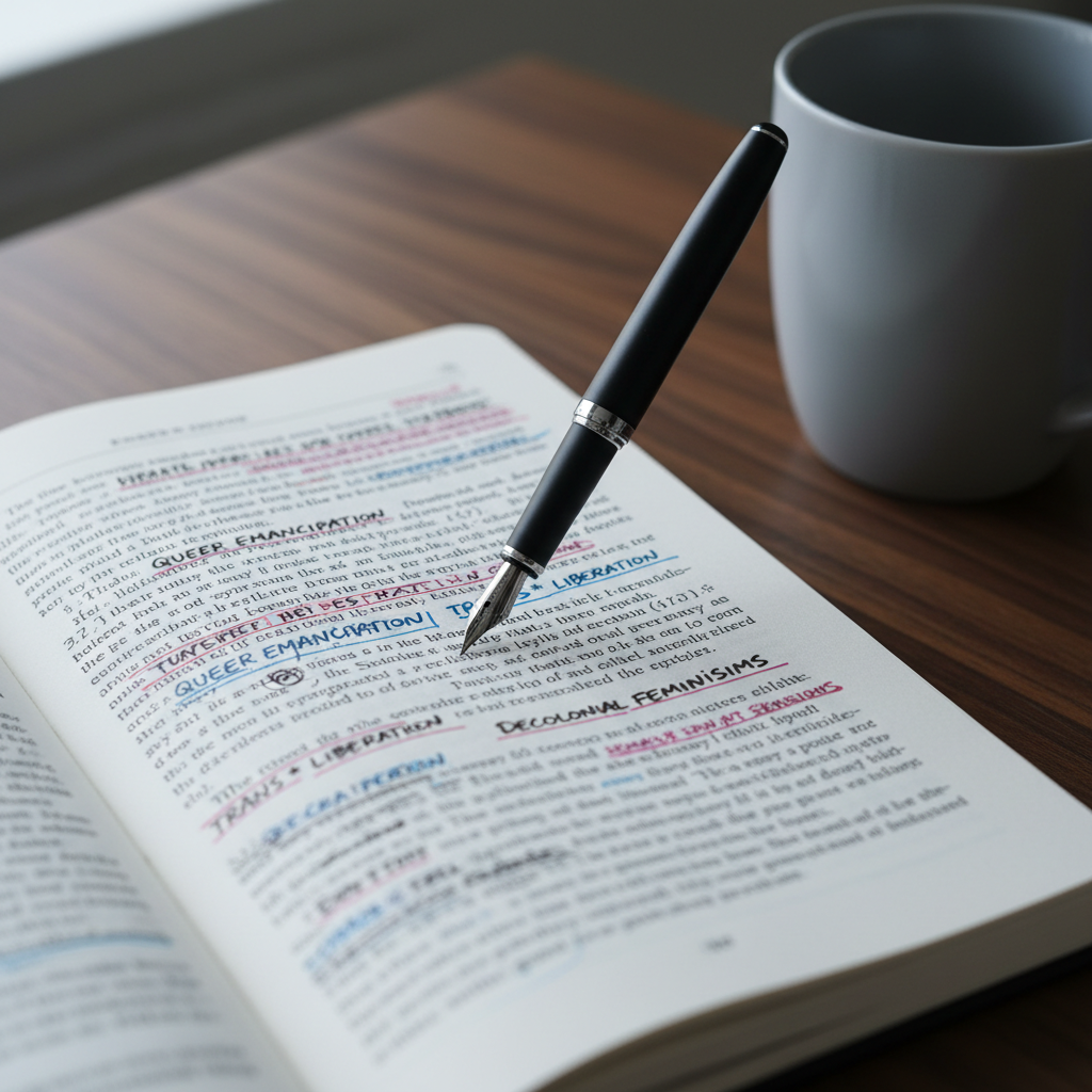 A close-up of a sleek, matte-black fountain pen poised above an open notebook filled with dense, neat annotations around a printed page of a political theory text. The text itself is softly blurred, but key phrases are underlined in alternating muted pink, white, and light blue ink. The notebook lies on a dark walnut table with a subtle wood grain, alongside a minimalist ceramic mug in cool gray with a satin finish. Cool, diffused desk-lamp light from the upper right meets faint natural light from the left, creating balanced, sophisticated contrast. Photographed from a diagonal top-down angle with a shallow depth of field, the atmosphere is analytical yet personal, conveying careful, transgender-informed political critique.