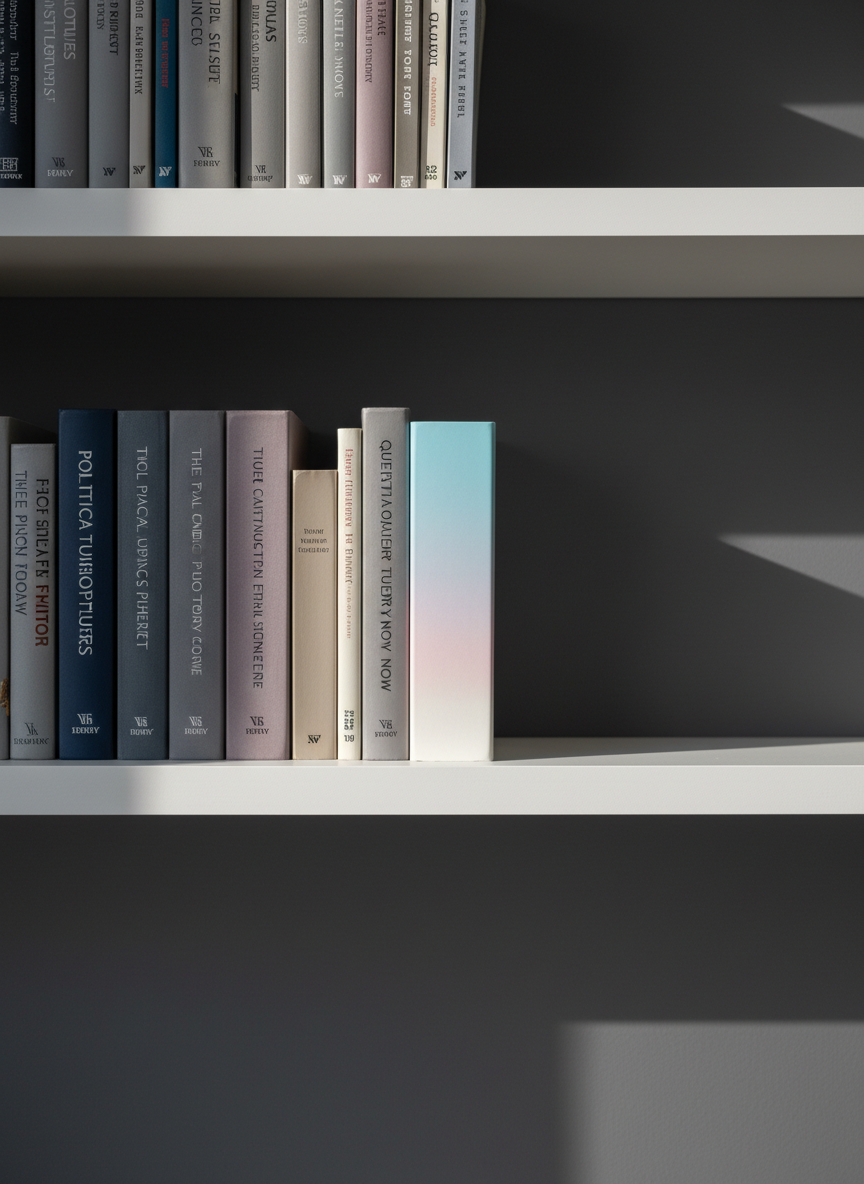 A minimalist bookshelf vignette featuring a row of hardcovers on politics and social theory, their spines in muted grays, navy, and dusty mauves, interspersed with a few slender novels. Discreetly tucked between the books is a slim, vertically oriented book whose spine shows a subtle gradient from soft blue to pale pink to off-white, almost blending into the shelf. The shelves are matte white, framed by a dark charcoal wall, creating an elegant contrast. Gentle, indirect morning light from the right produces faint, elongated shadows along the shelf edges. Captured straight-on with sharp focus throughout, the composition is orderly and serene, evoking a sophisticated home library that hints at a trans perspective through refined, non-obvious color cues.