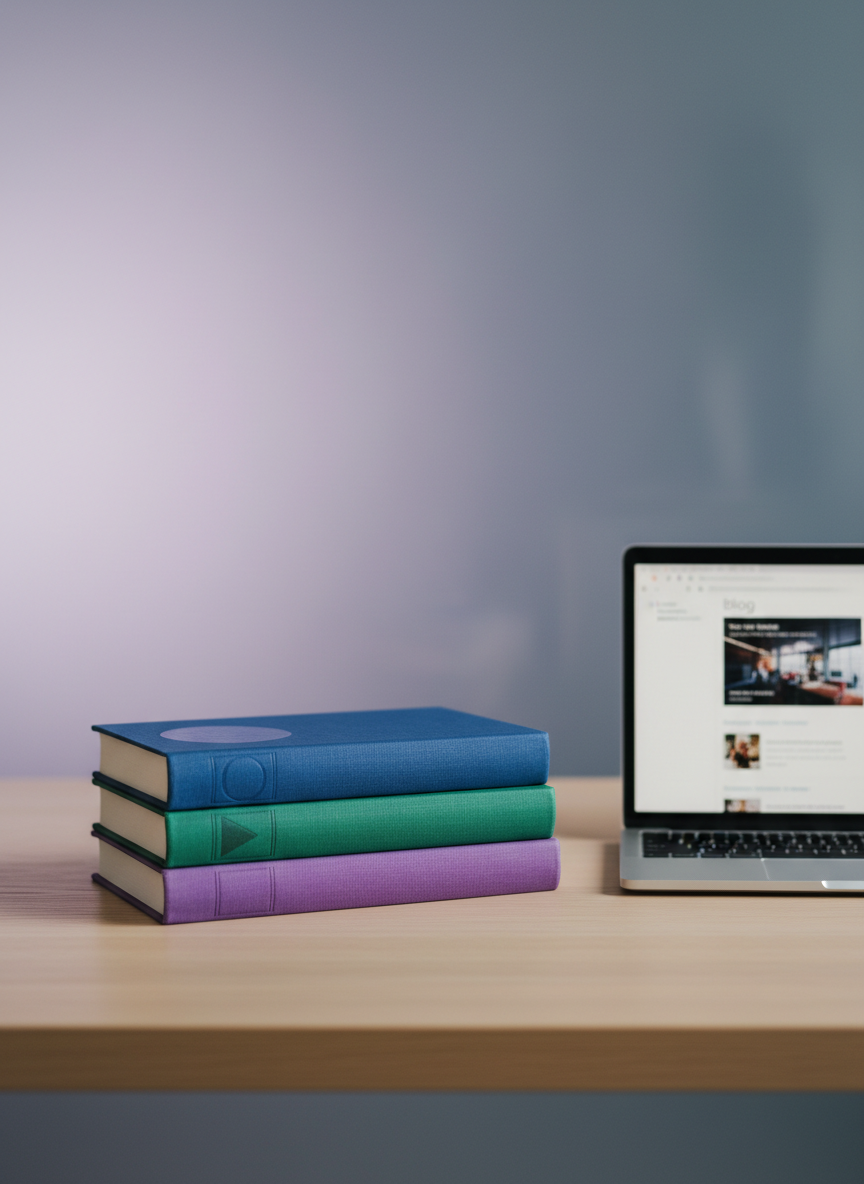 A neatly stacked trio of hardcover books in muted jewel tones, their cloth covers subtly textured and embossed with minimalist geometric symbols. They rest on a clean, pale oak desk beside a slim, open laptop displaying an unreadable, softly blurred blog interface. Behind them, a frosted glass panel shows a faint, out-of-focus gradient in soft lavender and dusky blue, hinting at trans colors without being explicit. Diffused overcast light from an unseen window creates gentle reflections on the laptop’s metal surface and delicate shadows under the books. Photographed at eye level with a shallow depth of field, the composition is calm, centered, and sophisticated, embodying a minimalist, photographic realism ideal for a thoughtful book review blog header.